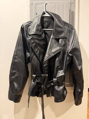 Zara Oversized Black Faux Leather Belted Biker Jacket Size L